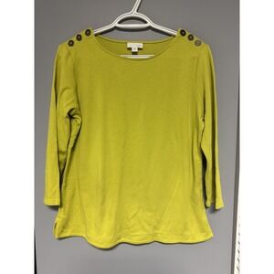 J Jill Tunic Top Womens Size Small Green/Yellow ‎ Top Button Detail 3/4 Sleeve